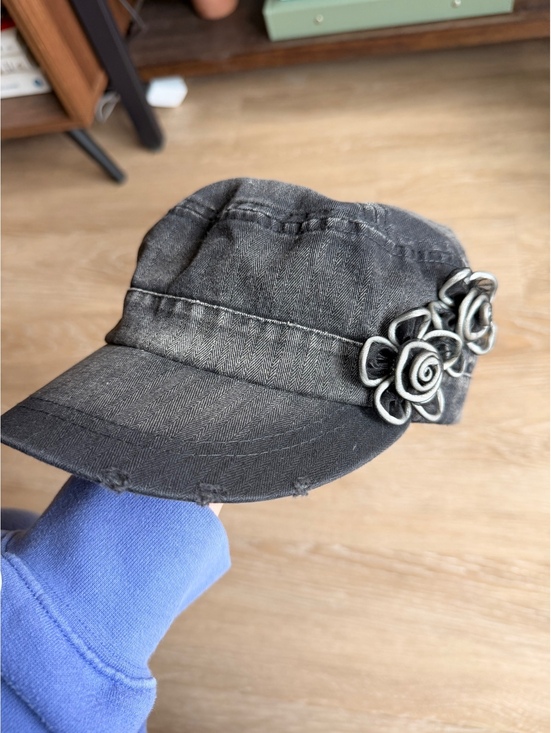 Accessories - Y2K Black Cadet Cap with Decorative Floral Accents 100% Cotton